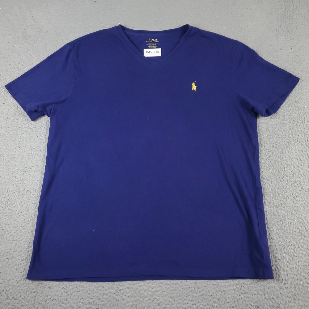Ralph Lauren V-Neck T Shirt Mens Large Blue Yellow Pony Short Sleeve 042804